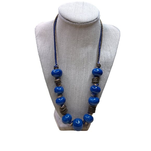 Artisan Blue Ceramic Bead Necklace Goldtone Black and Blue Cords Hook Clasp - Picture 1 of 5